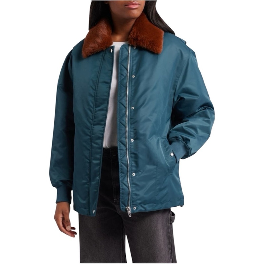 New BLANKNYC Faux‎ Fur Collar Jacket Small S Green Casual Fall Layering Modern